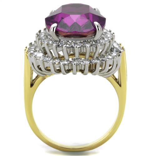 Two-Tone IP Gold (Ion Plating) Stainless Steel Ring with Top Grade Crystal  in Amethyst