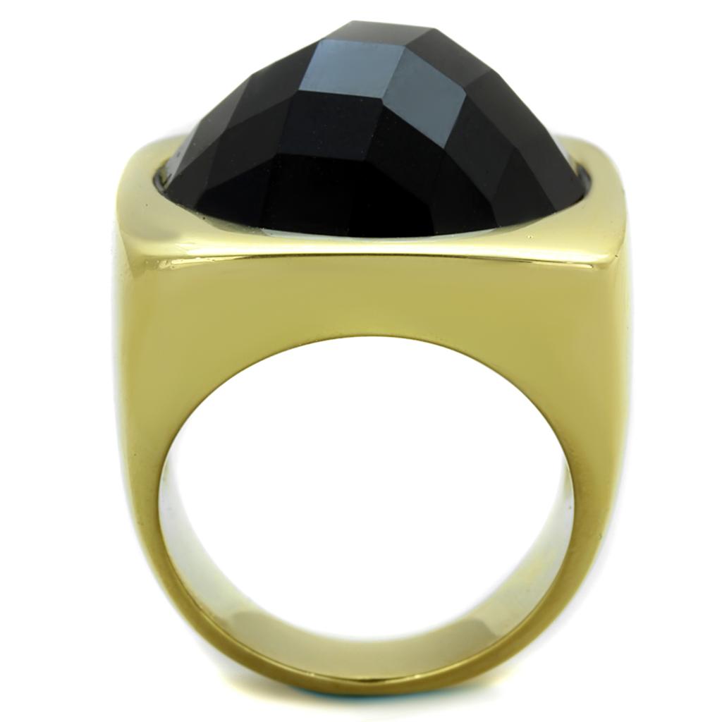 IP Gold(Ion Plating) Stainless Steel Ring with Synthetic Synthetic Stone in Jet