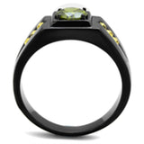 IP Black(Ion Plating) Stainless Steel Ring with AAA Grade CZ  in Olivine color