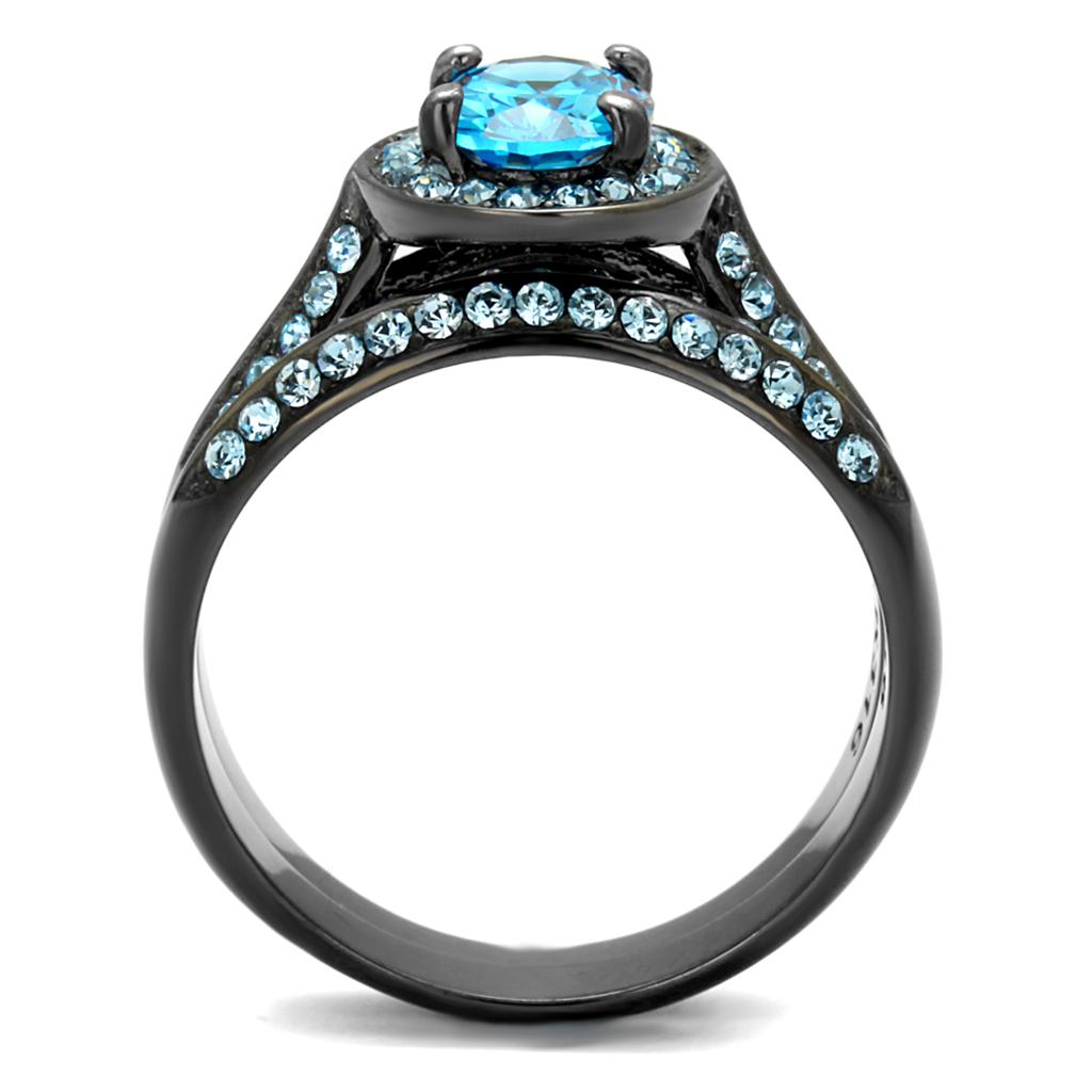 IP Light Black  (IP Gun) Stainless Steel Ring with AAA Grade CZ  in Sea Blue