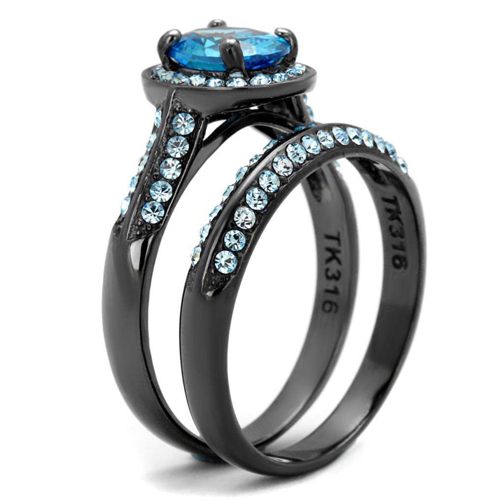 IP Light Black  (IP Gun) Stainless Steel Ring with AAA Grade CZ  in Sea Blue