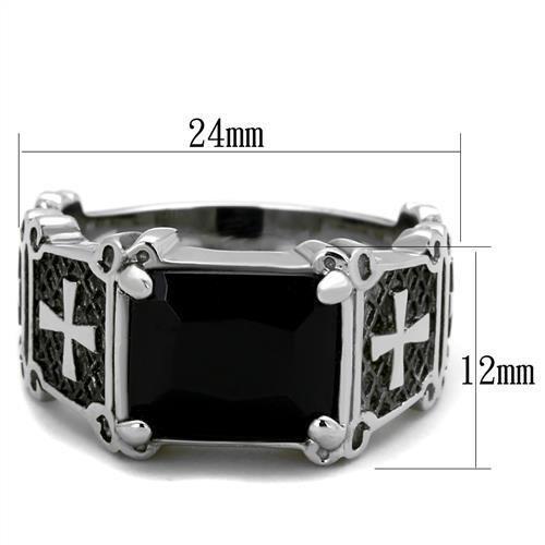 High polished (no plating) Stainless Steel Ring with Synthetic Synthetic Glass in Jet