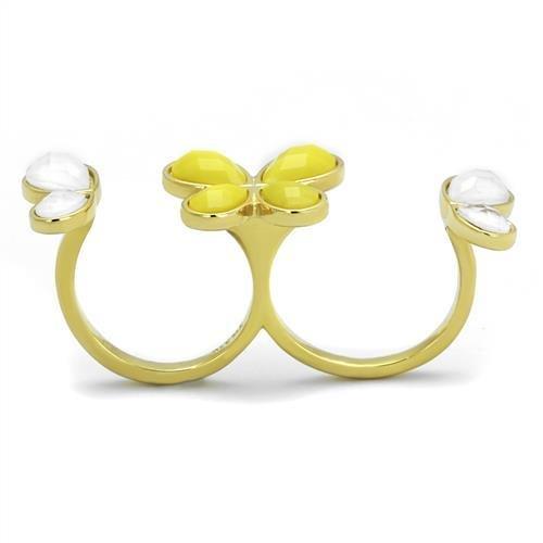 IP Gold(Ion Plating) Stainless Steel Ring with Synthetic Synthetic Stone in Citrine Yellow