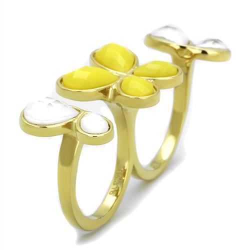 IP Gold(Ion Plating) Stainless Steel Ring with Synthetic Synthetic Stone in Citrine Yellow