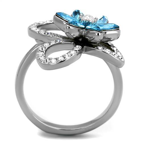 High polished (no plating) Stainless Steel Ring with Top Grade Crystal  in Sea Blue