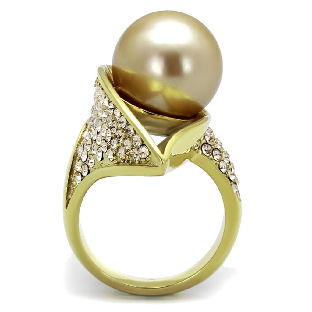 IP Gold(Ion Plating) Stainless Steel Ring with Synthetic Pearl in Champagne