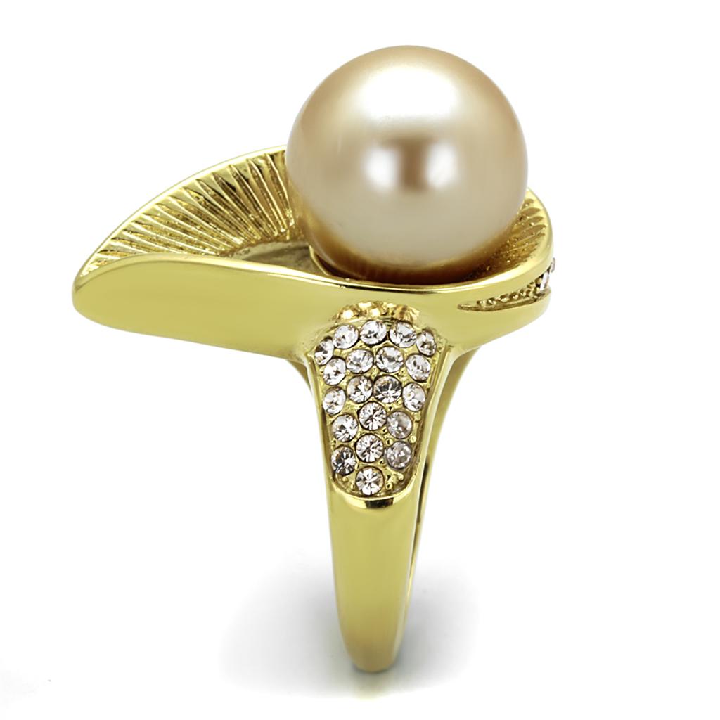 IP Gold(Ion Plating) Stainless Steel Ring with Synthetic Pearl in Champagne