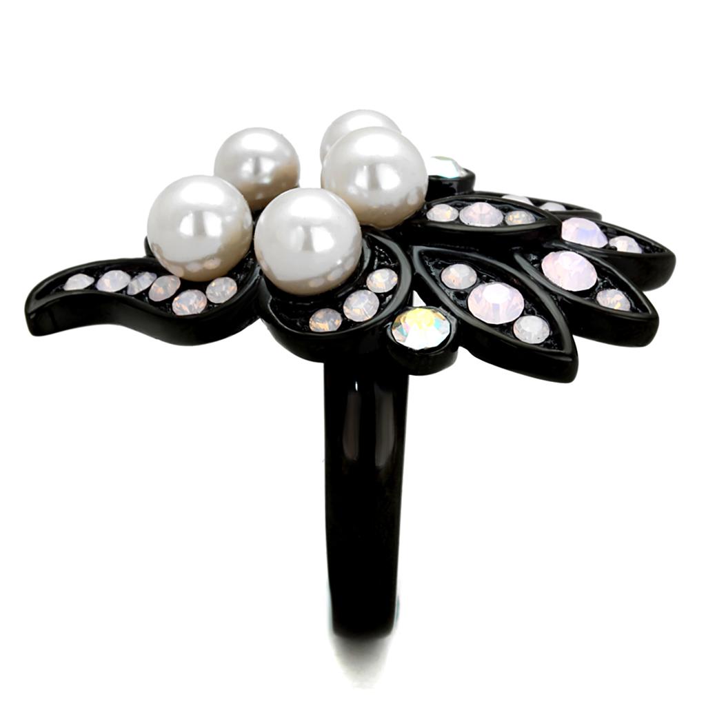 IP Black(Ion Plating) Stainless Steel Ring with Synthetic Pearl in Light Rose