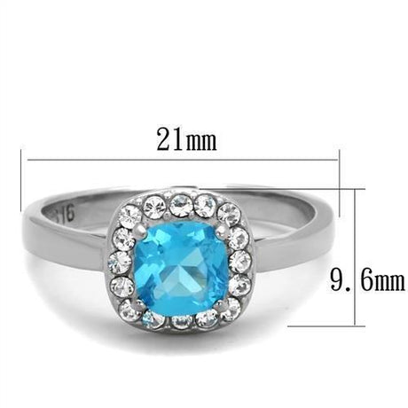High polished (no plating) Stainless Steel Ring with Synthetic Synthetic Glass in Sea Blue
