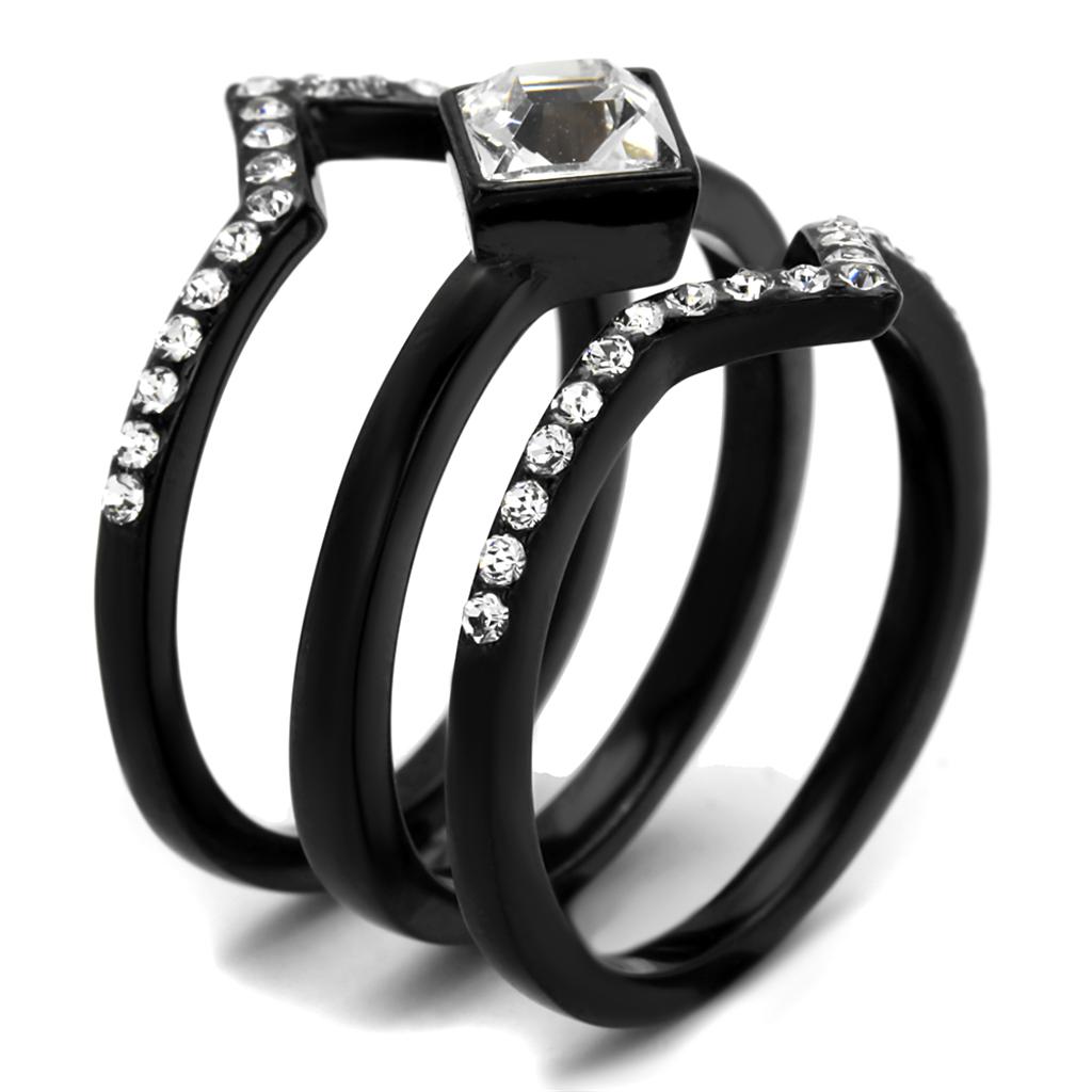 IP Black(Ion Plating) Stainless Steel Ring with Top Grade Crystal  in Clear