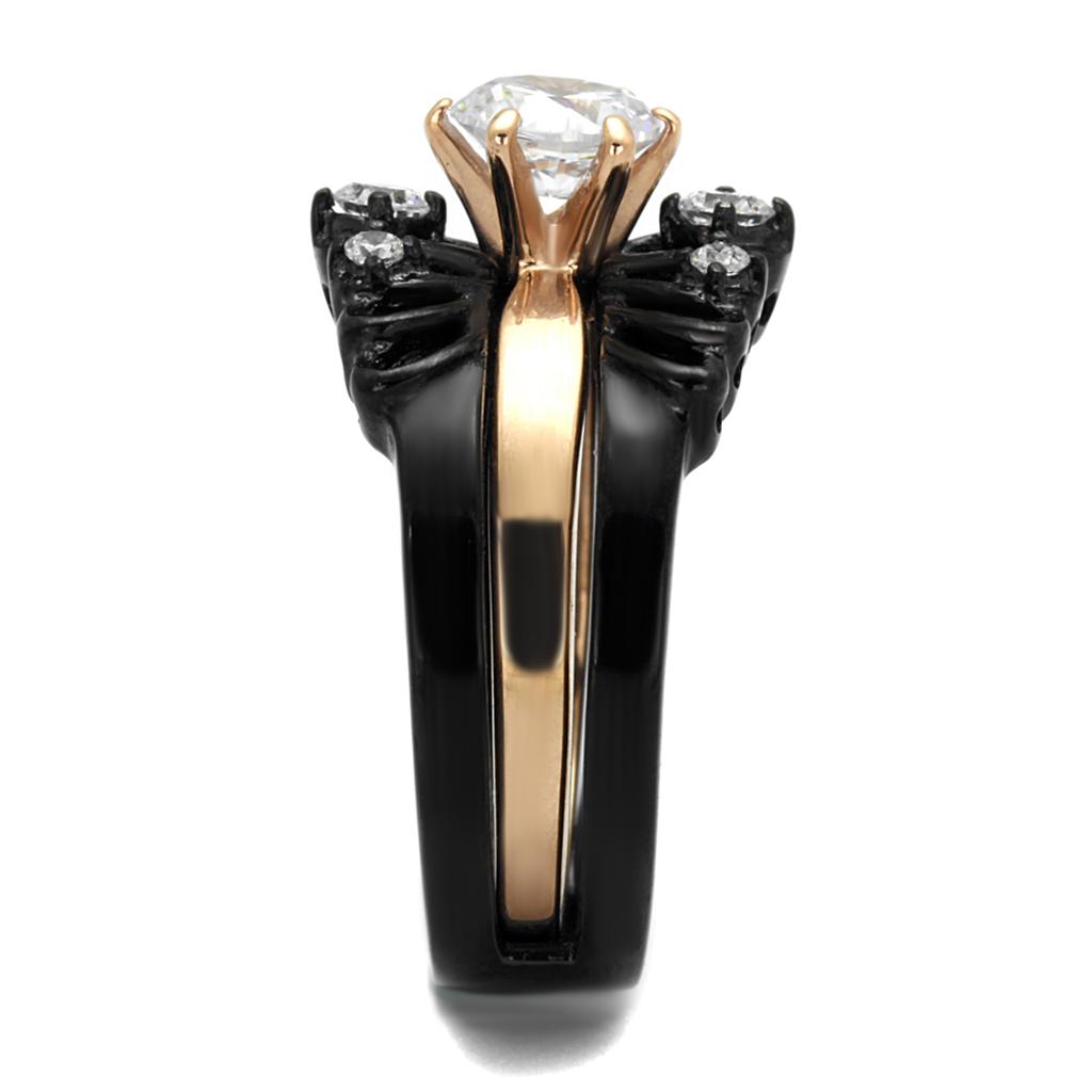 IP Rose Gold+ IP Black (Ion Plating) Stainless Steel Ring with AAA Grade CZ  in Clear