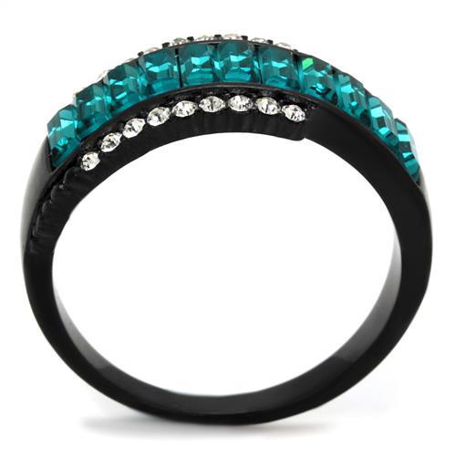 IP Black(Ion Plating) Stainless Steel Ring with Top Grade Crystal  in Blue Zircon