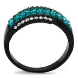 IP Black(Ion Plating) Stainless Steel Ring with Top Grade Crystal  in Blue Zircon