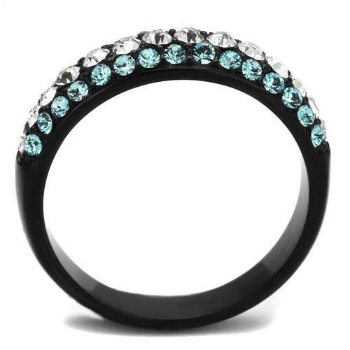 IP Black(Ion Plating) Stainless Steel Ring with Top Grade Crystal  in Sea Blue