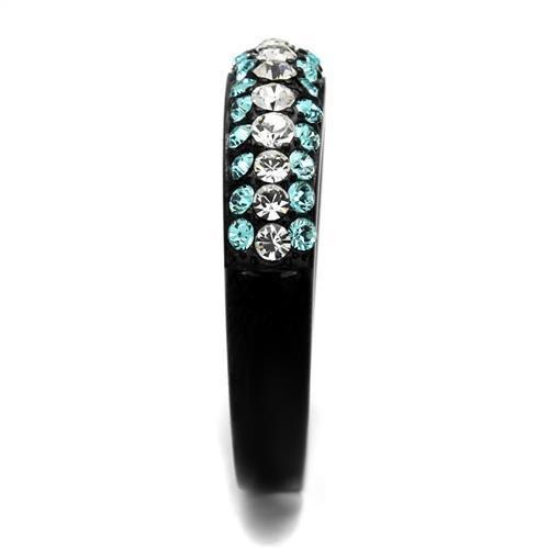 IP Black(Ion Plating) Stainless Steel Ring with Top Grade Crystal  in Sea Blue
