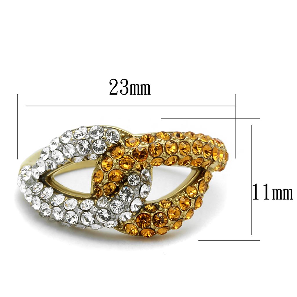 Two-Tone IP Gold (Ion Plating) Stainless Steel Ring with Top Grade Crystal  in Topaz