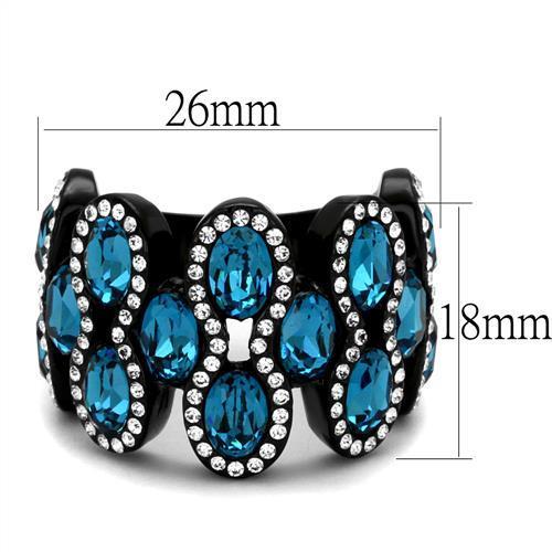 IP Black(Ion Plating) Stainless Steel Ring with Top Grade Crystal  in Aquamarine