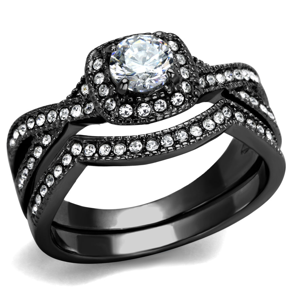 Stainless Steel Ring with AAA Grade CZ  in Clear Ion Plating-Black