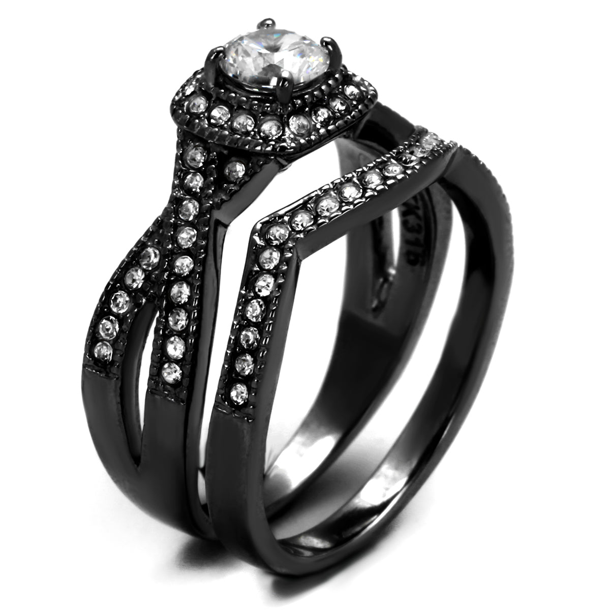 Stainless Steel Ring with AAA Grade CZ  in Clear Ion Plating-Black
