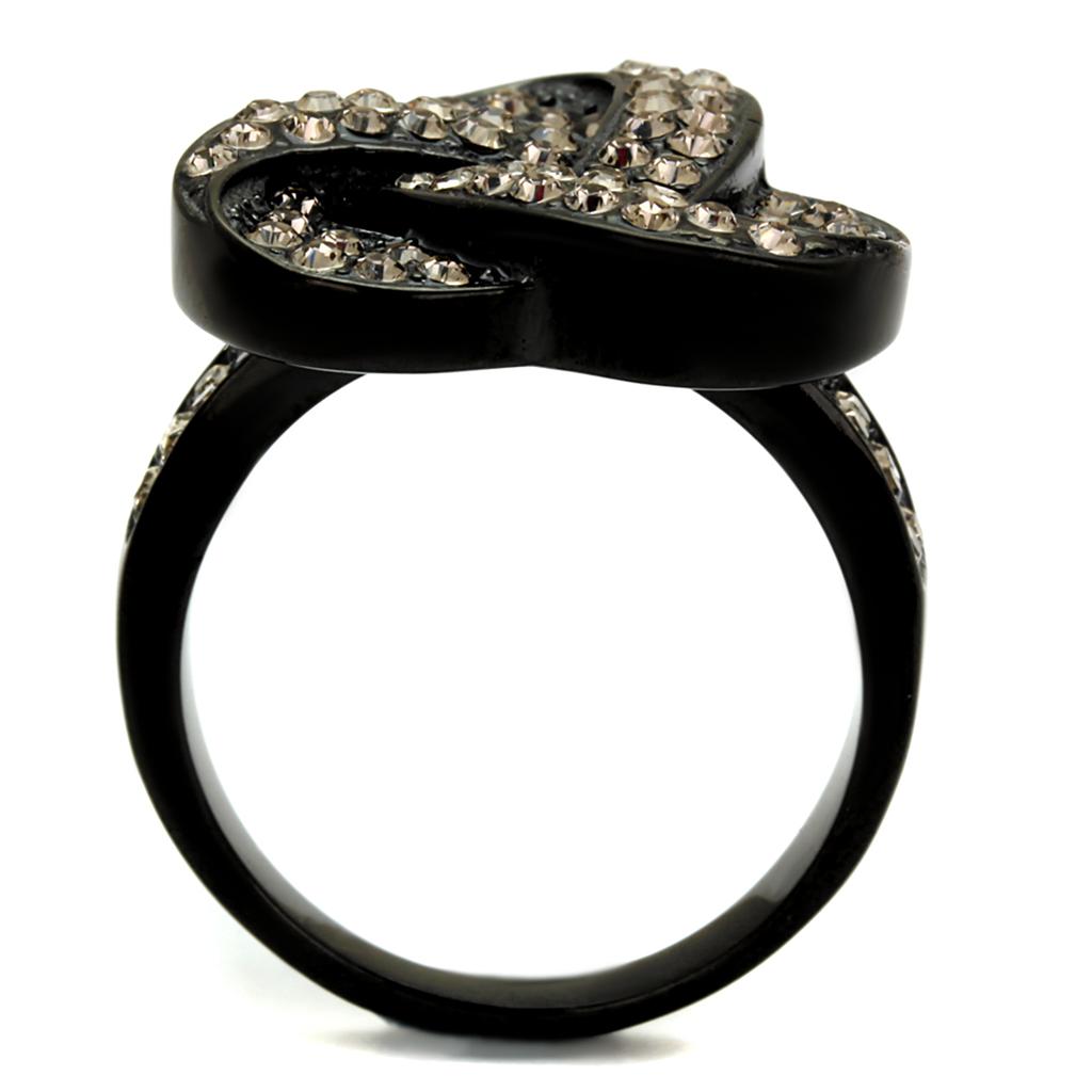 IP Black(Ion Plating) Stainless Steel Ring with Top Grade Crystal  in Light Smoked