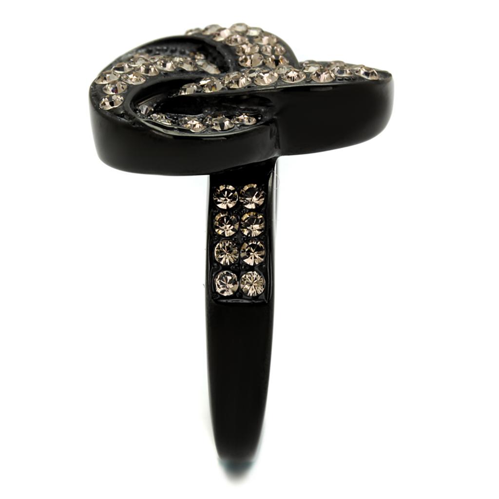 IP Black(Ion Plating) Stainless Steel Ring with Top Grade Crystal  in Light Smoked