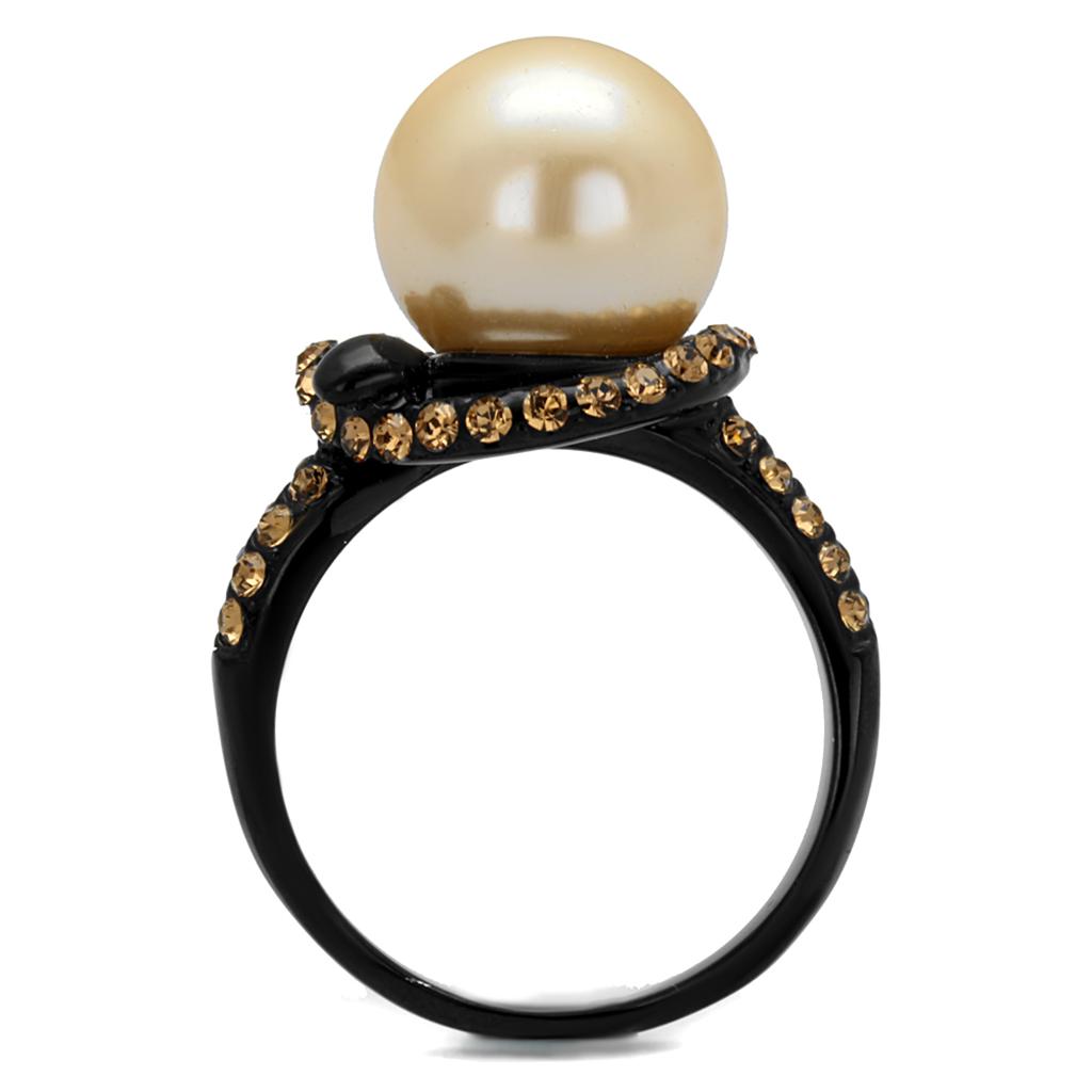 IP Black(Ion Plating) Stainless Steel Ring with Synthetic Pearl in Topaz