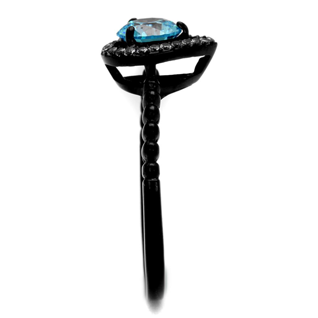 IP Black(Ion Plating) Stainless Steel Ring with AAA Grade CZ  in Sea Blue