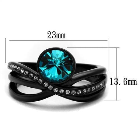 IP Black(Ion Plating) Stainless Steel Ring with Top Grade Crystal  in Blue Zircon