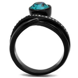 IP Black(Ion Plating) Stainless Steel Ring with Top Grade Crystal  in Blue Zircon