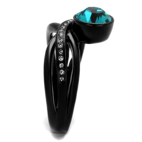 IP Black(Ion Plating) Stainless Steel Ring with Top Grade Crystal  in Blue Zircon