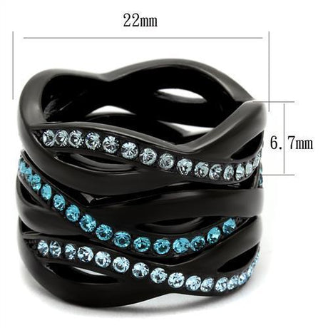 IP Black(Ion Plating) Stainless Steel Ring with Top Grade Crystal  in Sea Blue