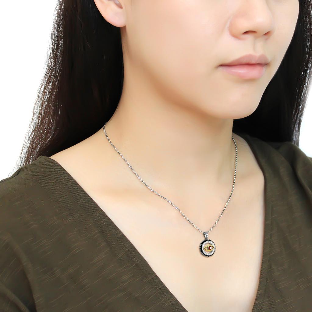 Two-Tone IP Gold (Ion Plating) Stainless Steel Chain Pendant with Top Grade Crystal  in Garnet