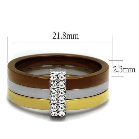Three Tone (IP Gold & IP Light coffee & High Polished) Stainless Steel Ring with Top Grade Crystal  in Clear