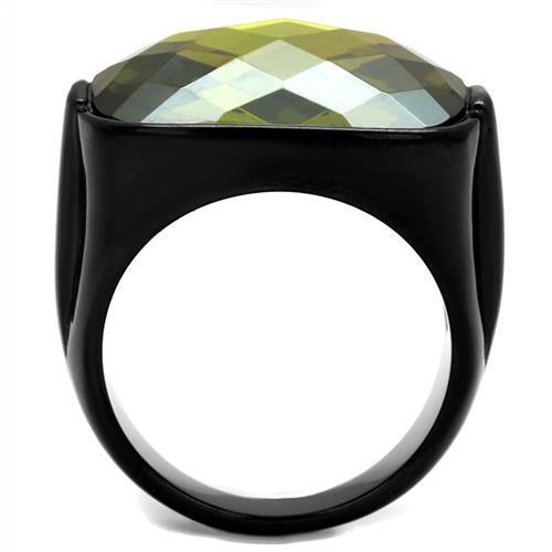 IP Black(Ion Plating) Stainless Steel Ring with AAA Grade CZ  in Olivine color