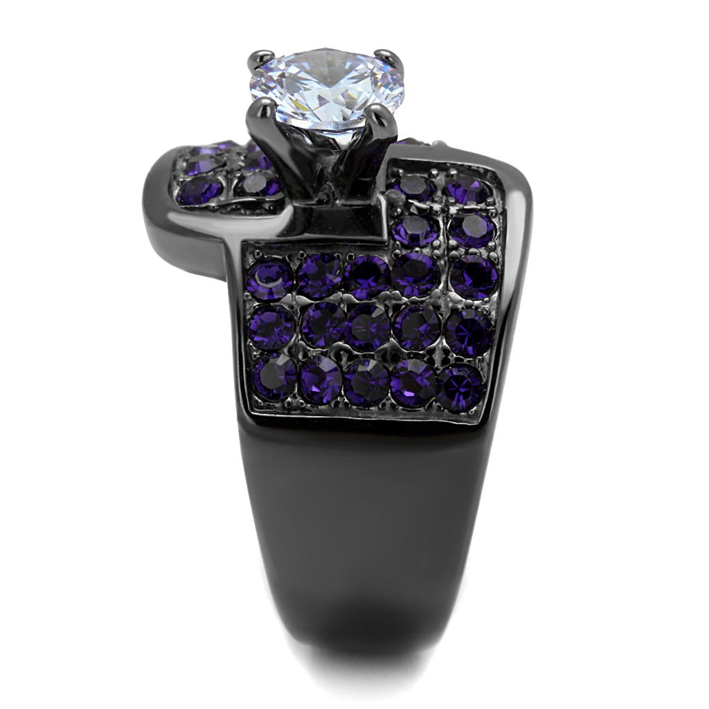 IP Light Black  (IP Gun) Stainless Steel Ring with AAA Grade CZ  in Light Amethyst