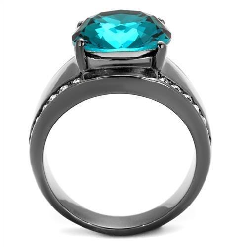 IP Light Black  (IP Gun) Stainless Steel Ring with Top Grade Crystal  in Blue Zircon