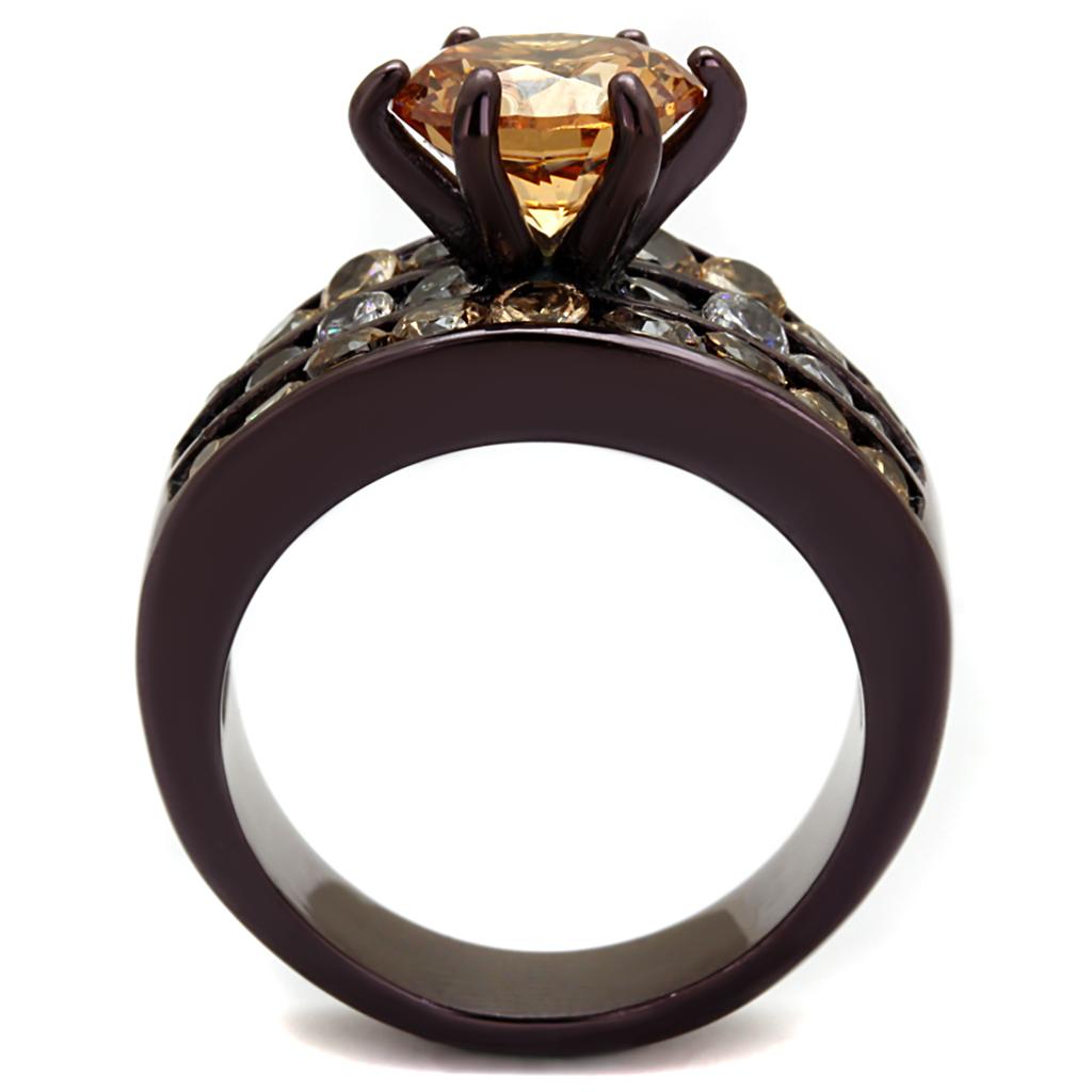 IP Dark Brown (IP coffee) Stainless Steel Ring with AAA Grade CZ  in Champagne