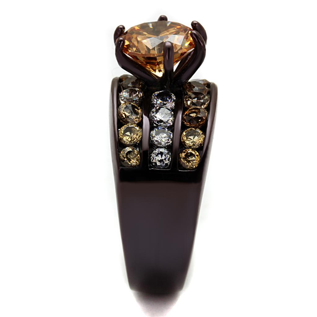 IP Dark Brown (IP coffee) Stainless Steel Ring with AAA Grade CZ  in Champagne