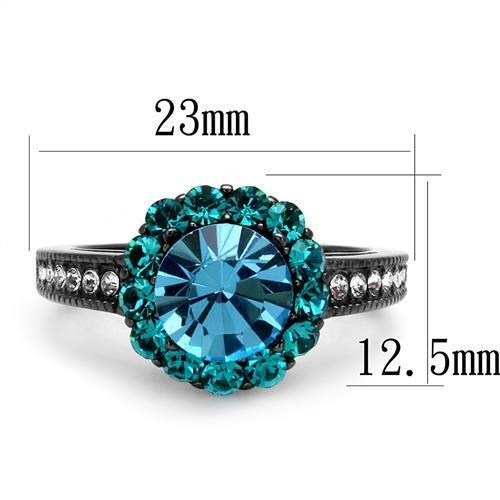 IP Light Black  (IP Gun) Stainless Steel Ring with Top Grade Crystal  in Sea Blue