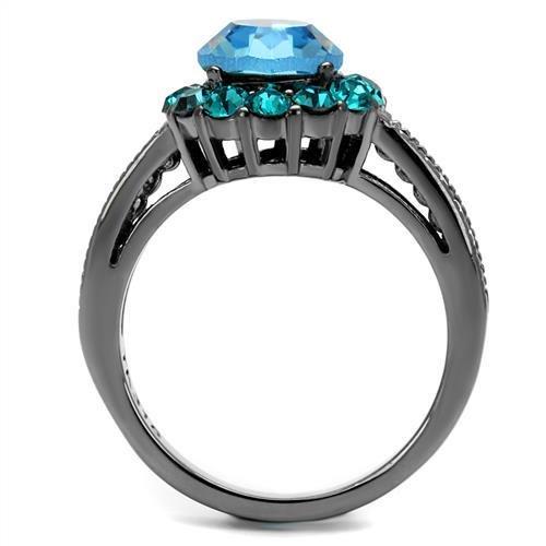 IP Light Black  (IP Gun) Stainless Steel Ring with Top Grade Crystal  in Sea Blue