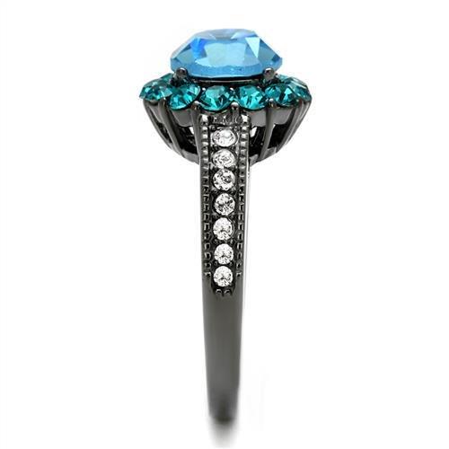 IP Light Black  (IP Gun) Stainless Steel Ring with Top Grade Crystal  in Sea Blue