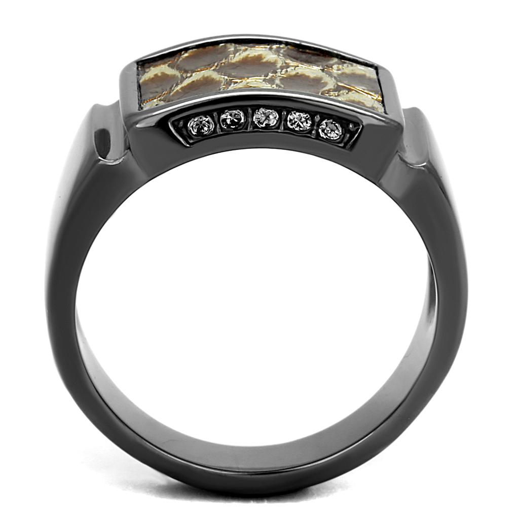 IP Light Black  (IP Gun) Stainless Steel Ring with Leather  in Brown