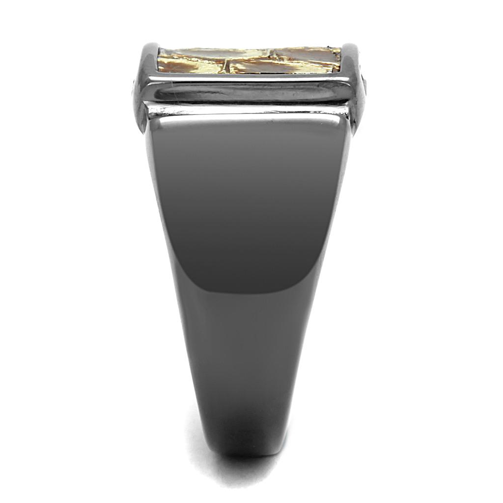 IP Light Black  (IP Gun) Stainless Steel Ring with Leather  in Brown