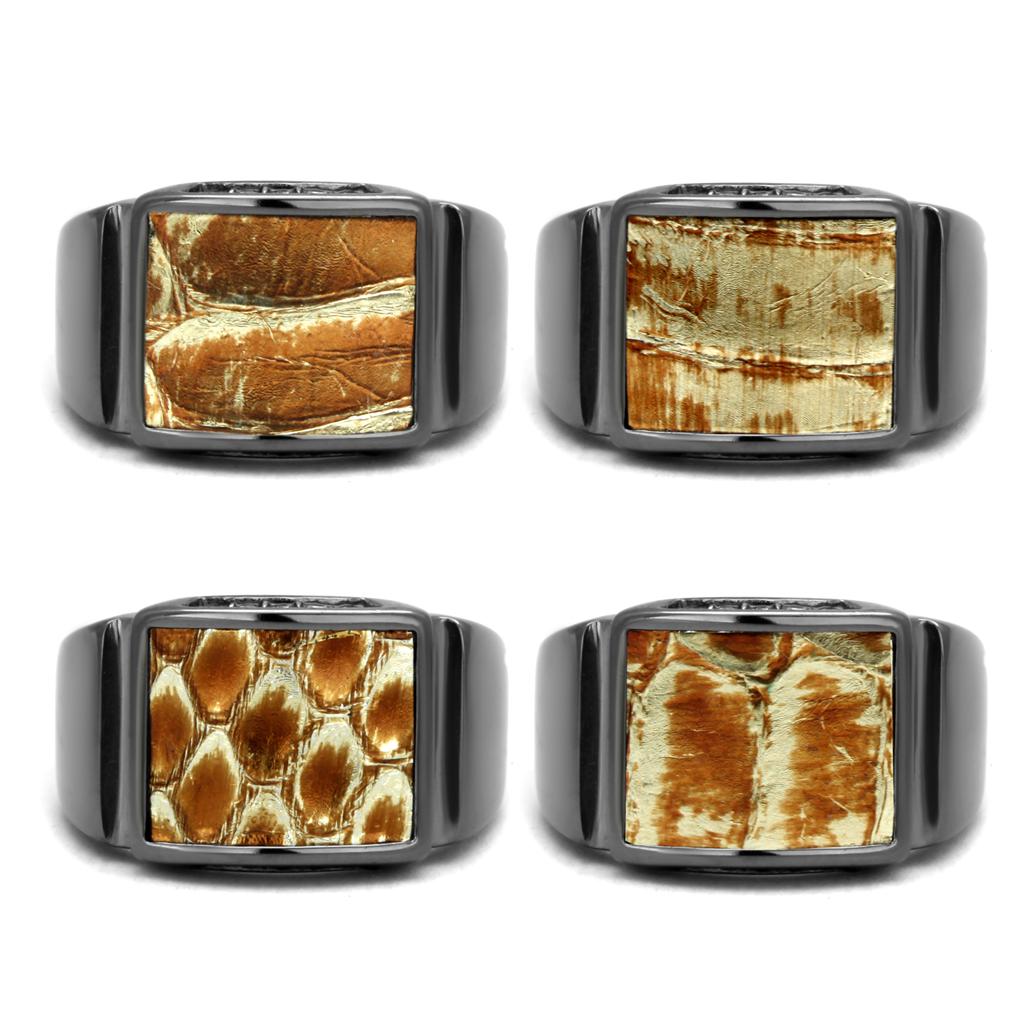 IP Light Black  (IP Gun) Stainless Steel Ring with Leather  in Brown