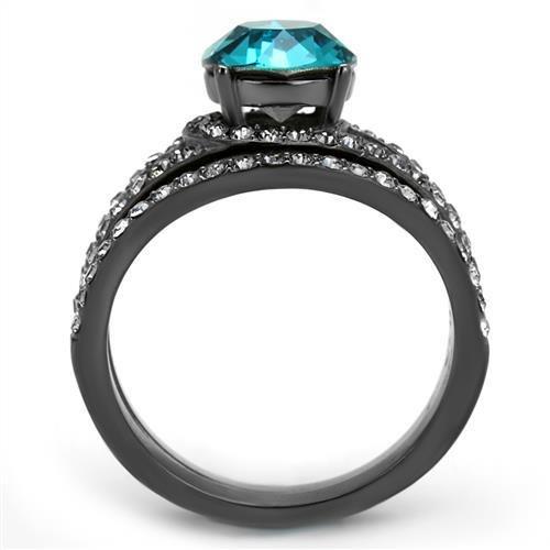 IP Light Black  (IP Gun) Stainless Steel Ring with Top Grade Crystal  in Blue Zircon