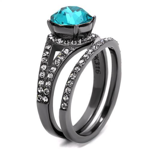 IP Light Black  (IP Gun) Stainless Steel Ring with Top Grade Crystal  in Blue Zircon