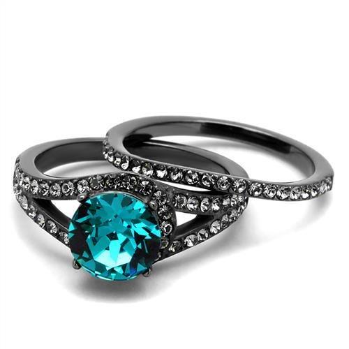 IP Light Black  (IP Gun) Stainless Steel Ring with Top Grade Crystal  in Blue Zircon