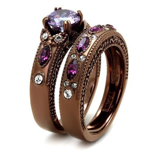 IP Coffee light Stainless Steel Ring with AAA Grade CZ  in Amethyst