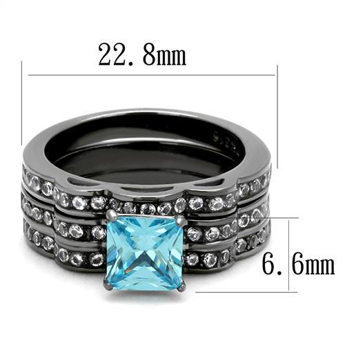 IP Light Black  (IP Gun) Stainless Steel Ring with AAA Grade CZ  in Sea Blue