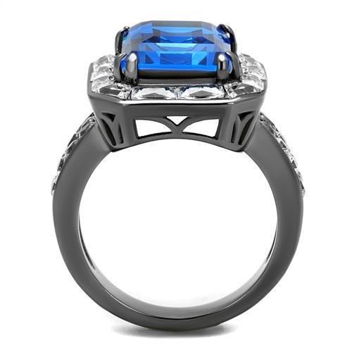IP Light Black  (IP Gun) Stainless Steel Ring with Top Grade Crystal  in Capri Blue